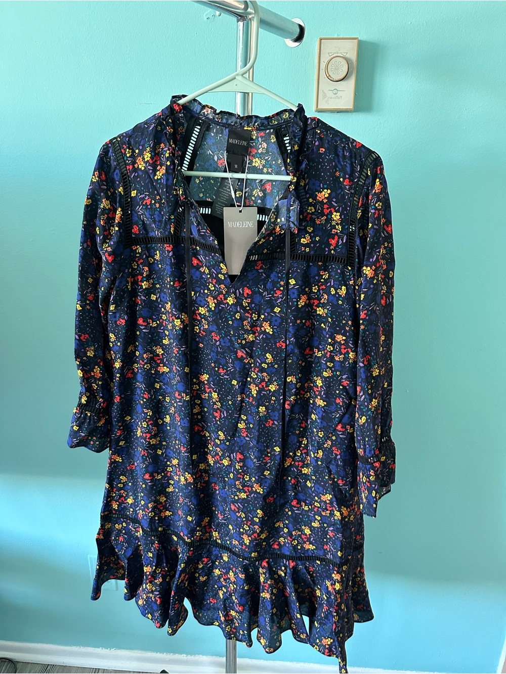 Maeve Navy Floral Long-Sleeve Ruffle-Hem Dress
